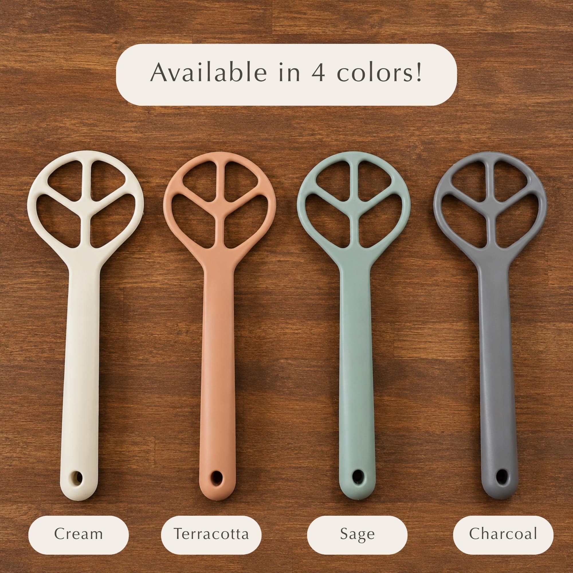 Peace Dough Whisk available in four colors: Warm Cream, Terracotta Brown, Sage Green, and Charcoal