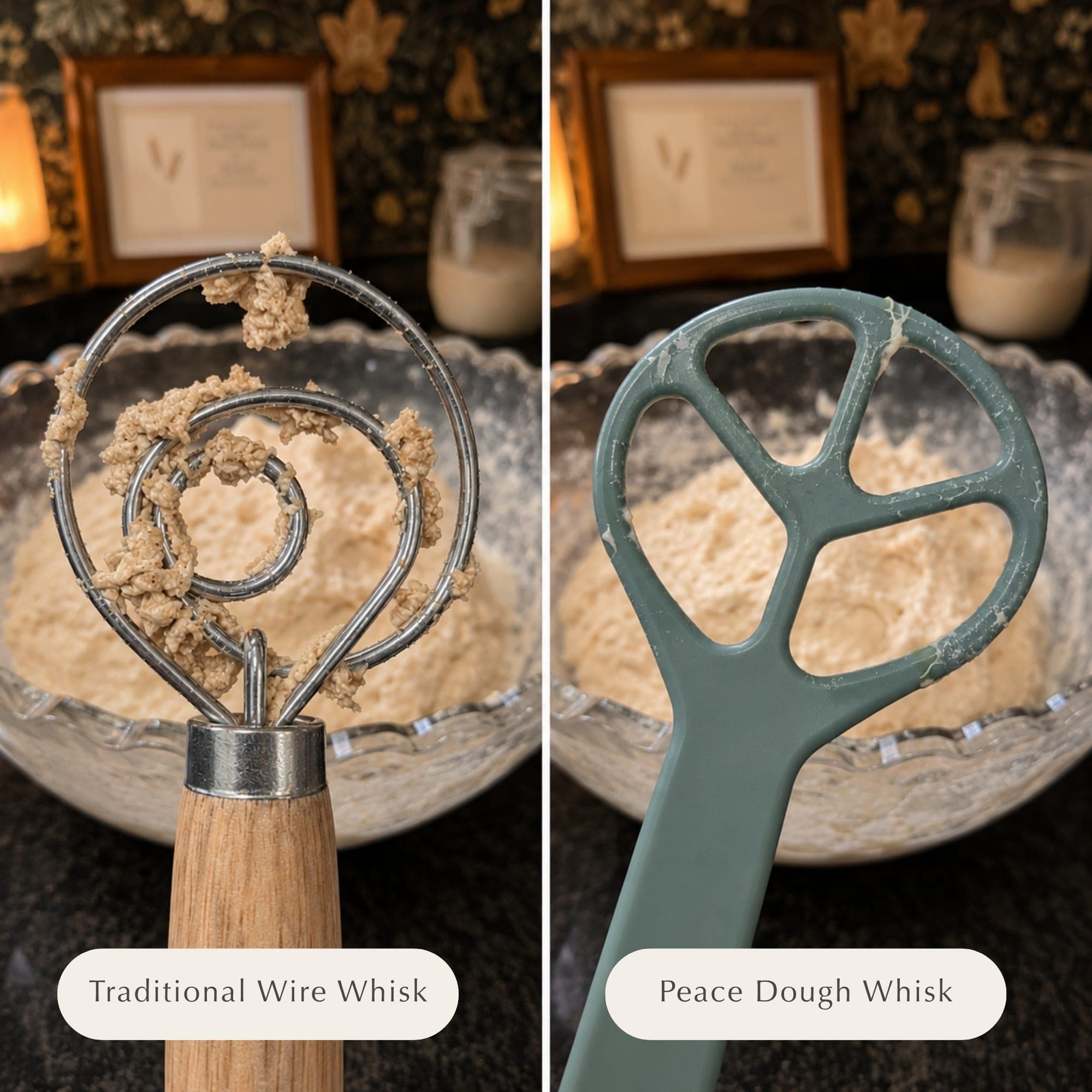 Traditional wire whisk caked with dough vs. Peace Dough Whisk: no residue, no crevices