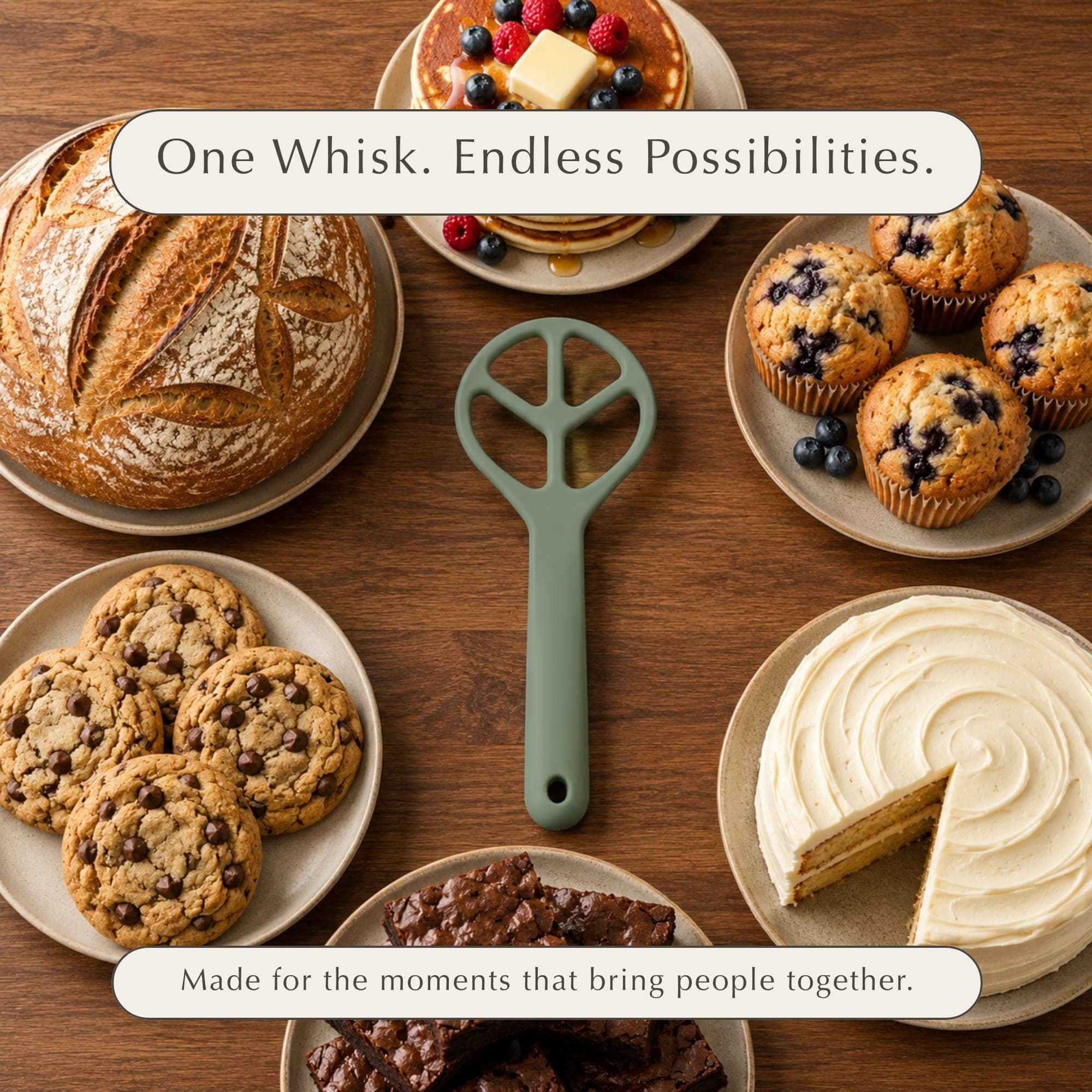 One Whisk. Endless Possibilities: surrounded by sourdough, muffins, cookies, and cake