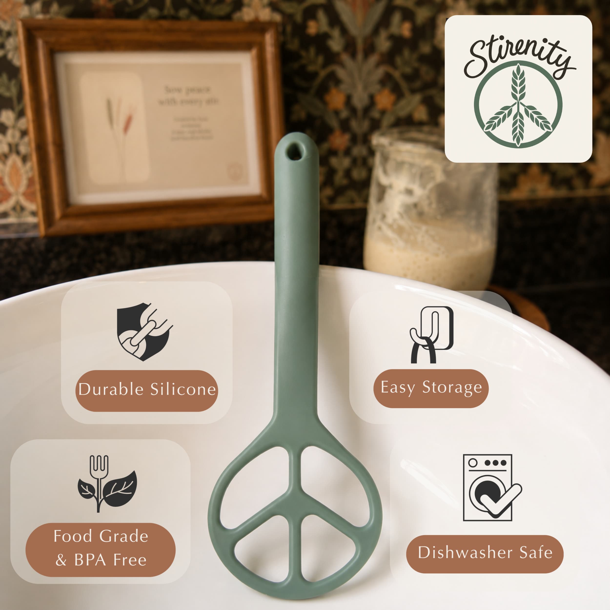 Stirenity Peace Dough Whisk features: durable silicone, food grade & BPA free, easy storage, dishwasher safe